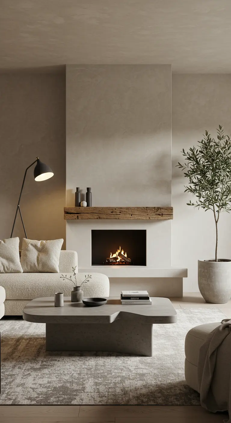 Sala minimalista con chimenea de microcemento, sofá blanco y mesa de centro de hormigón.