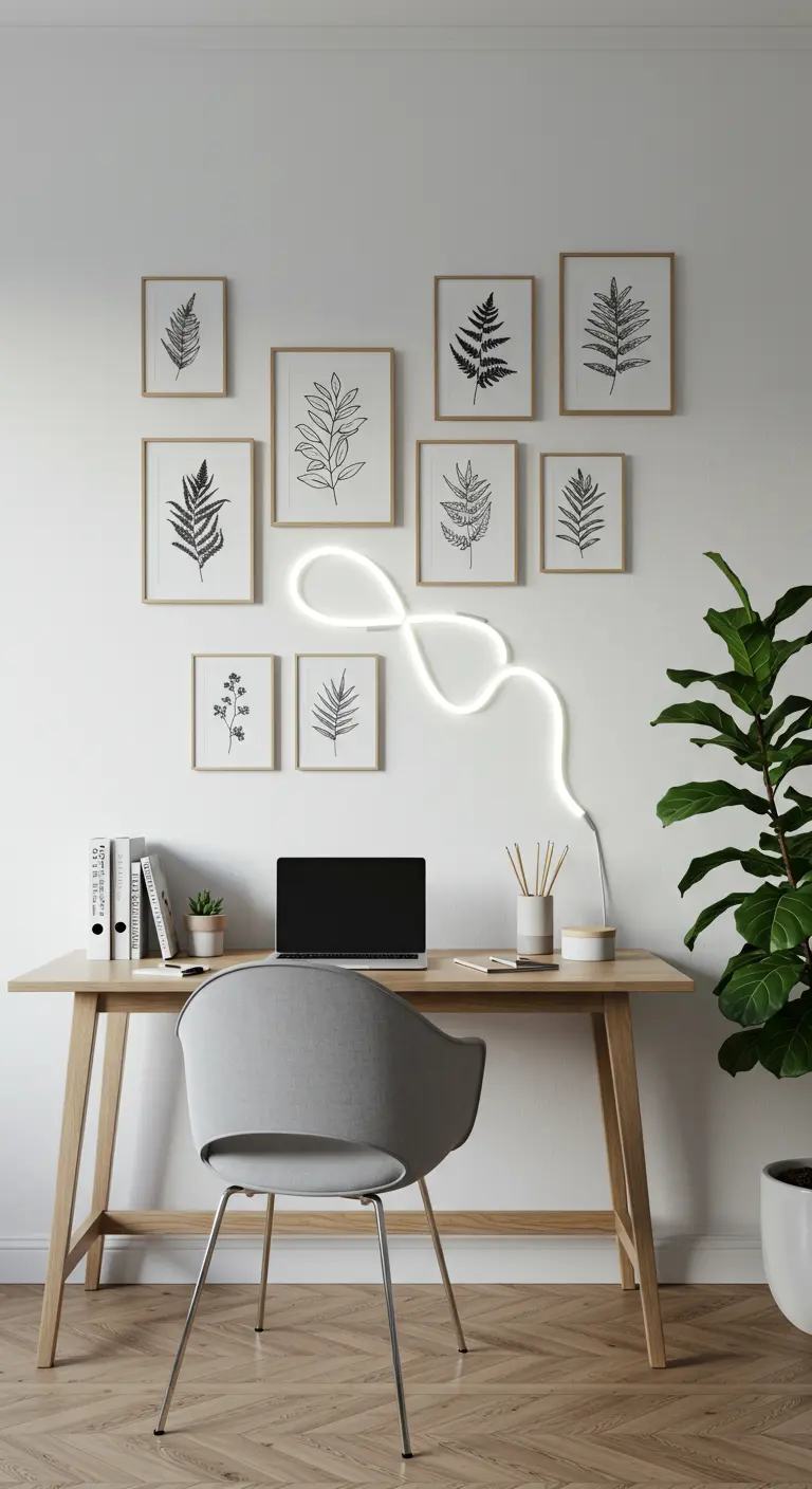 Oficina minimalista con escritorio de madera y un neón blanco de forma abstracta en la pared.
