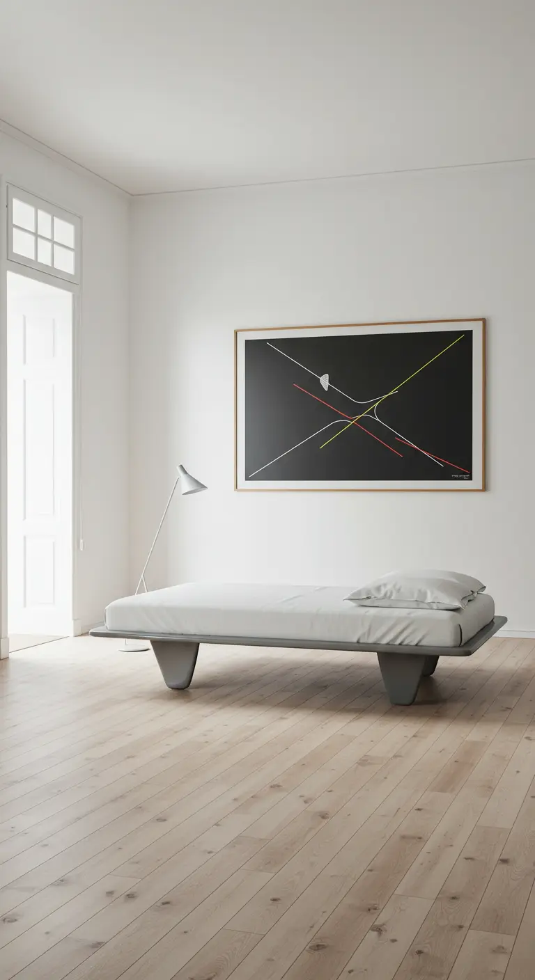Dormitorio minimalista de los 80 con una cama de plataforma baja y un gran cuadro abstracto.