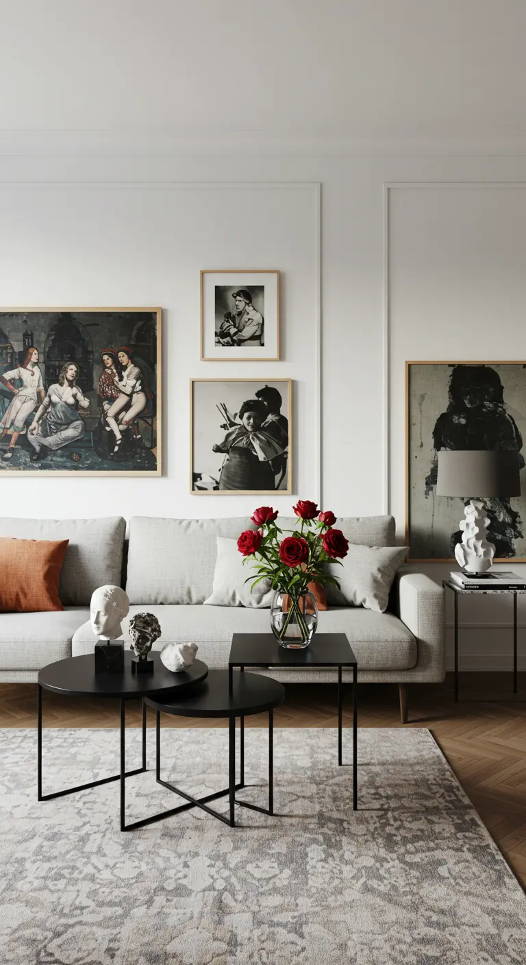 Mesas nido negras de diseño minimalista y escultural en una sala con paredes blancas