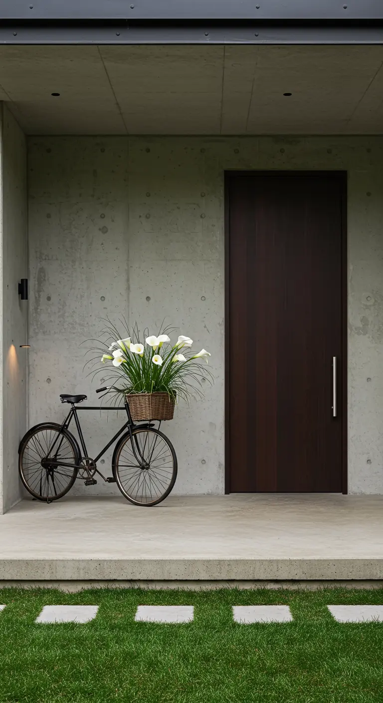 Bicicleta negra vintage con calas blancas en un porche de hormigón moderno