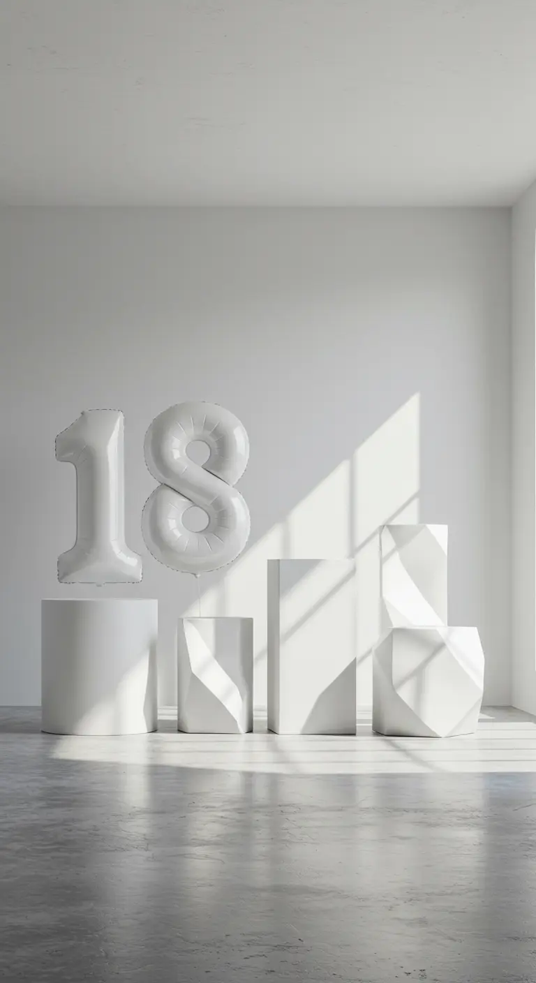 Globos blancos del número 18 en una habitación blanca minimalista con pedestales geométricos.
