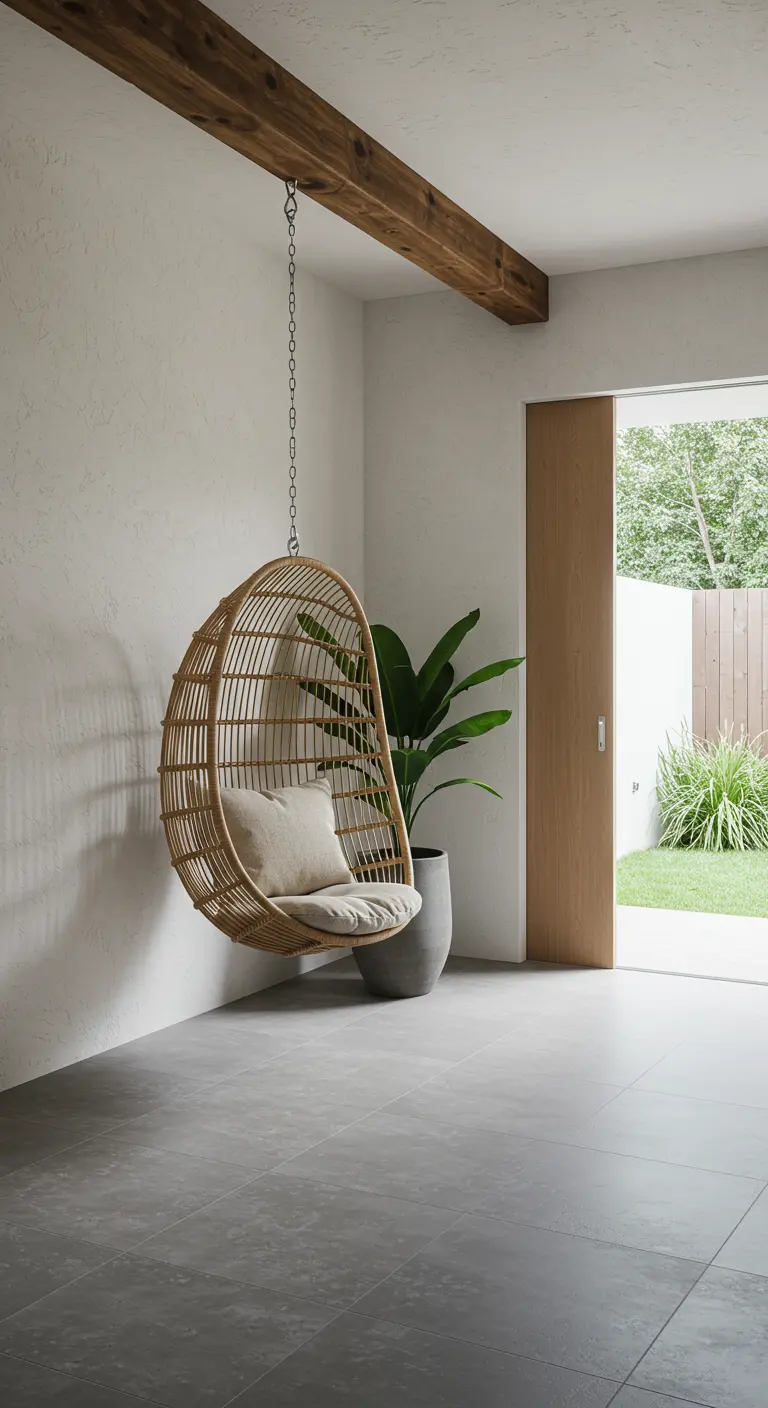 Esquina minimalista con una silla colgante de ratán, una viga de madera y una planta alta.
