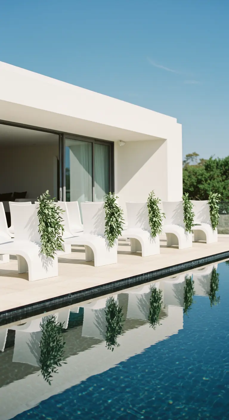Sillas blancas modernas junto a una piscina, cada una con una cascada de eucalipto verde.