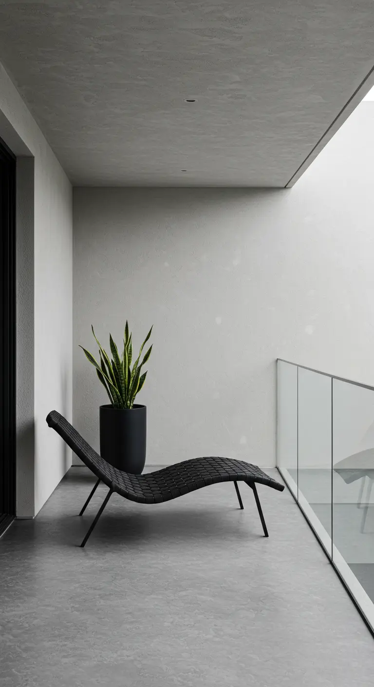 Balcón minimalista con una tumbona negra de diseño y una planta de serpiente en una maceta alta