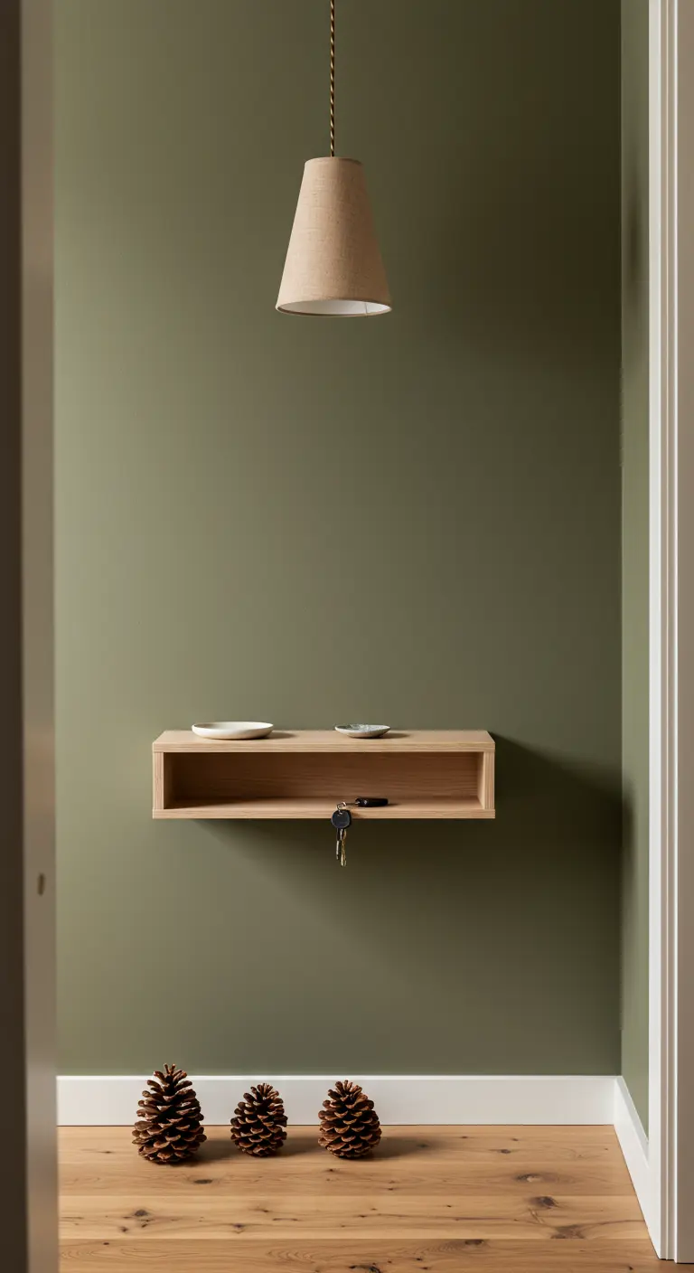 Rincón minimalista con pared verde, estante flotante y tres piñas en el suelo.