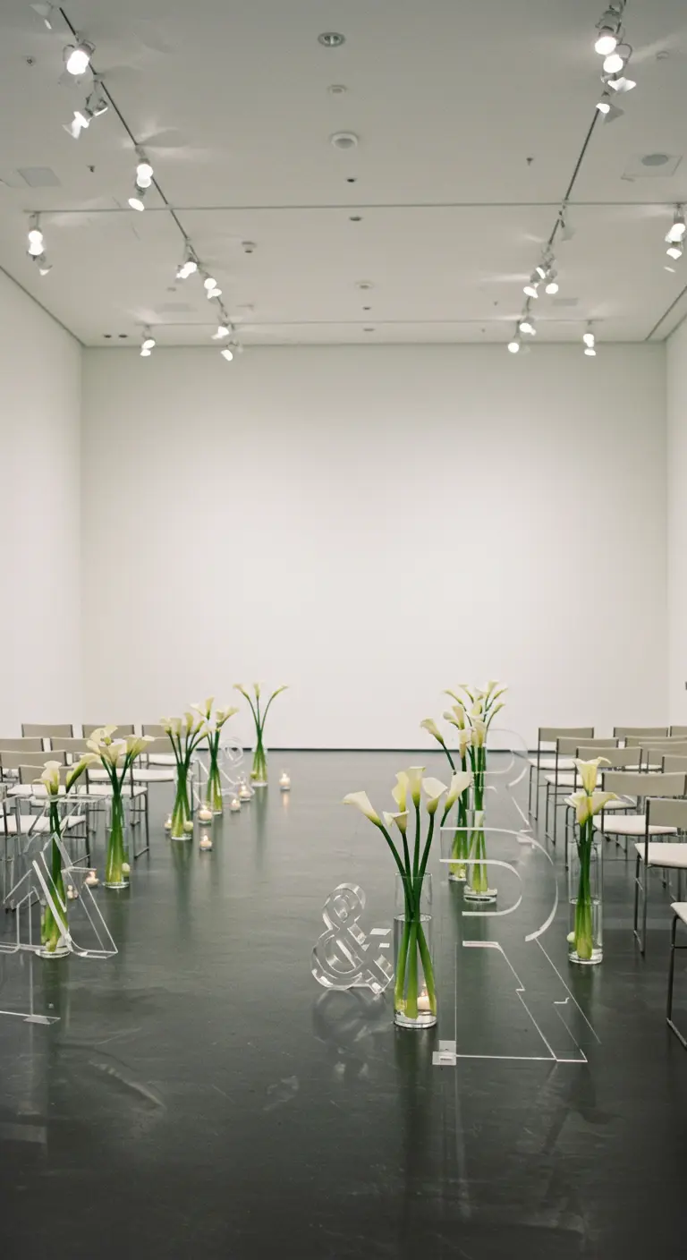 Iniciales 'A & ' de acrílico transparente delineando el pasillo de una ceremonia moderna.