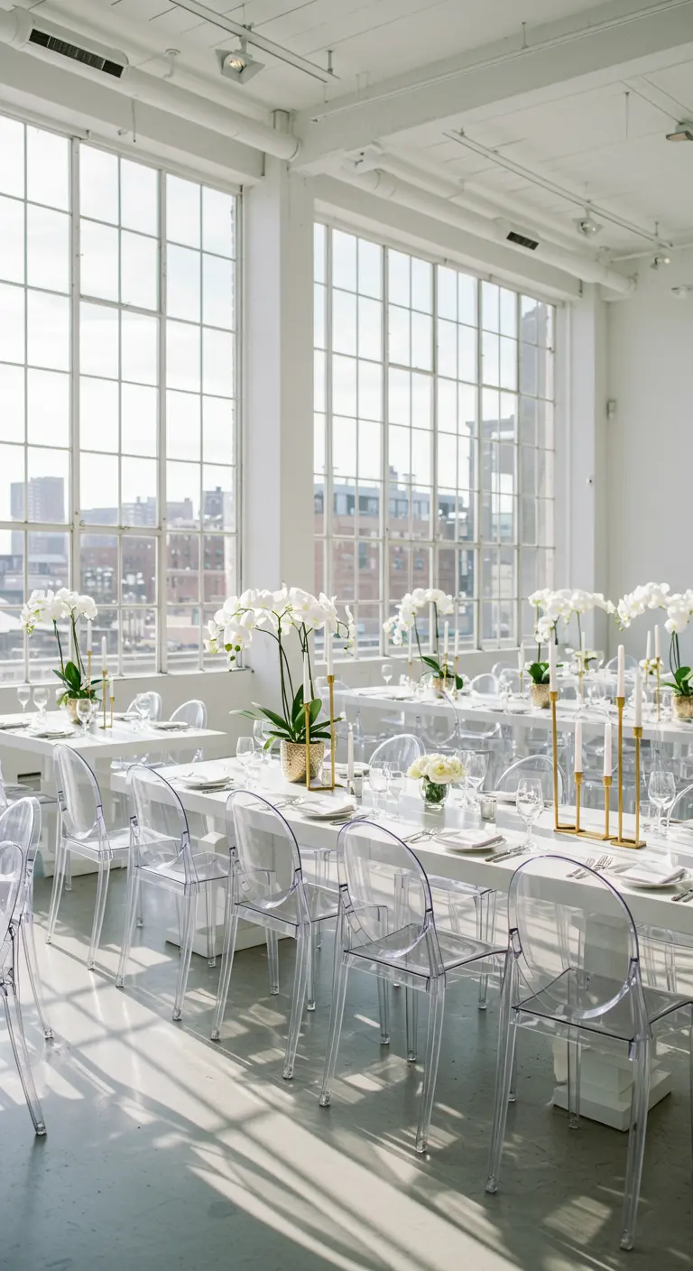 Mesas largas y blancas en un loft luminoso con sillas transparentes y centros de orquídeas blancas.