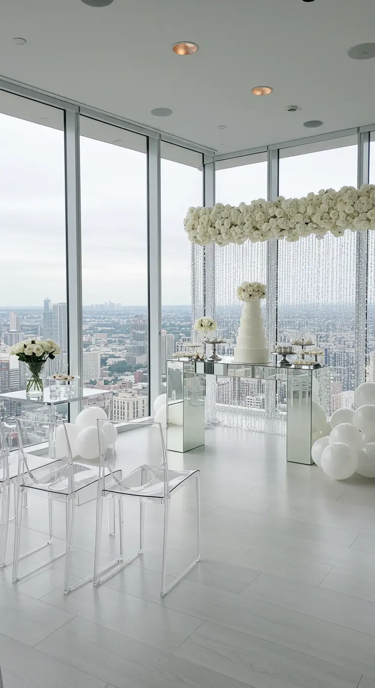 Mesa de postres con pedestales de espejo y fondo de cristales en un apartamento con vistas a la ciudad.