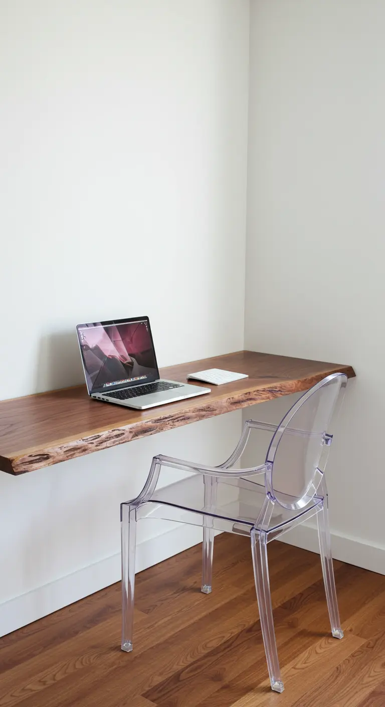 Escritorio flotante de madera de borde natural con una silla acrílica transparente