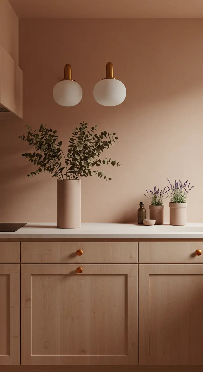 Cocina minimalista con paredes terracota pálido, gabinetes de madera clara y eucalipto.