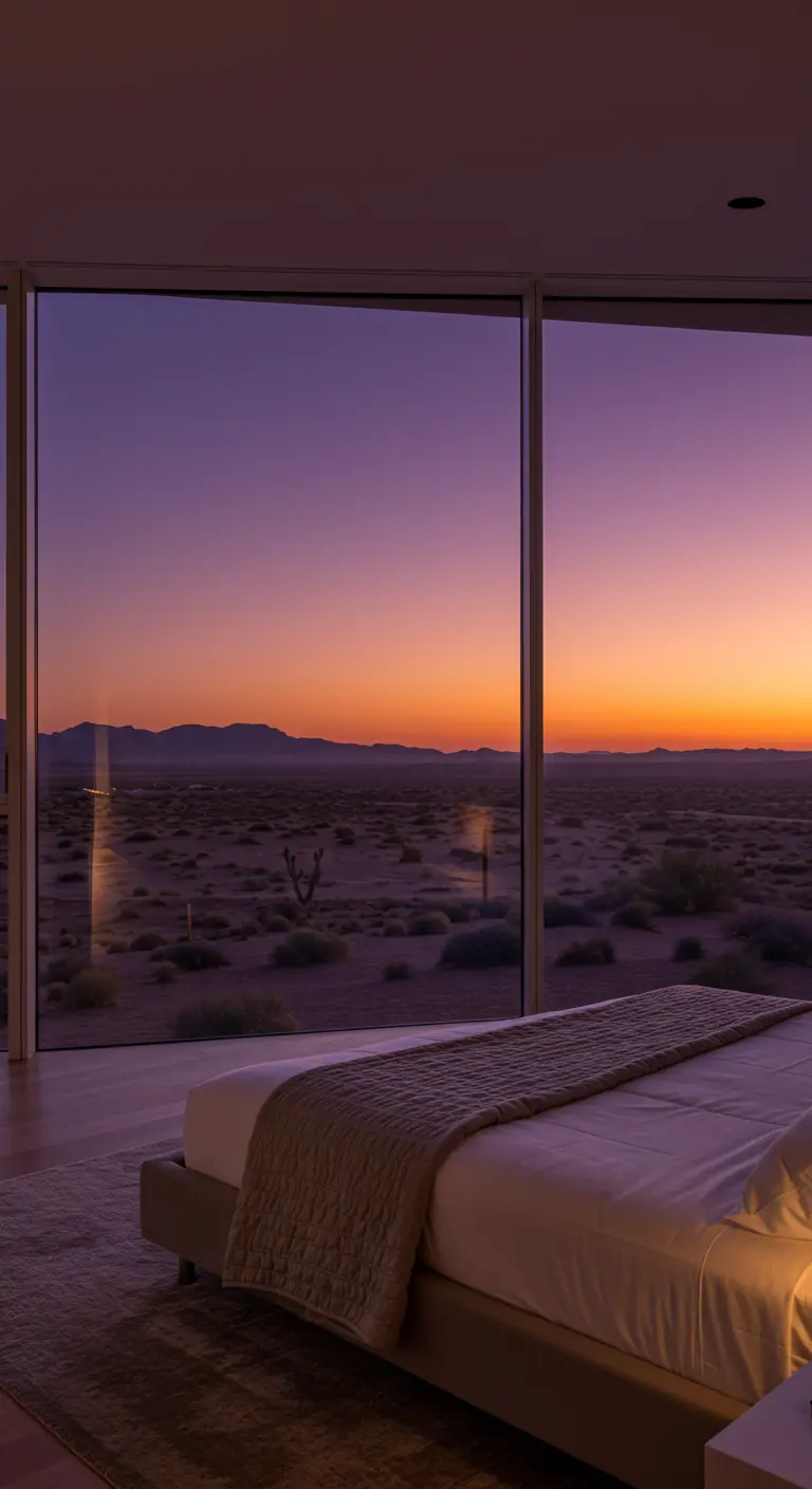 Dormitorio minimalista con una cama baja frente a un ventanal con vistas al desierto al atardecer