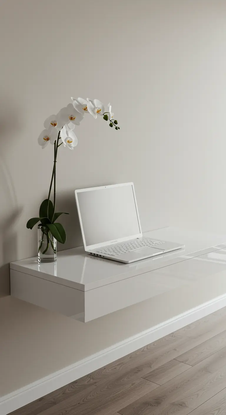 Escritorio flotante blanco y brillante con un portátil y una orquídea blanca en un jarrón de cristal.