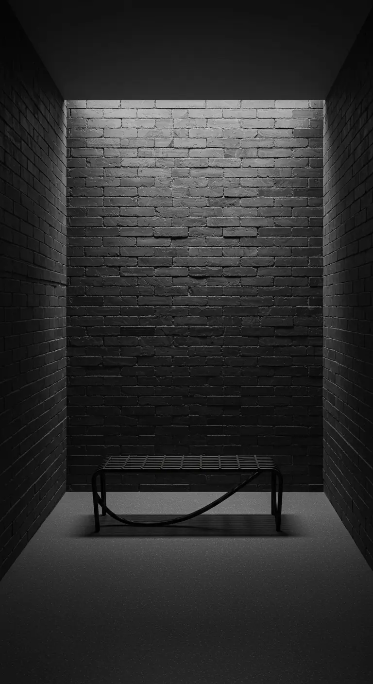 Espacio minimalista con paredes de ladrillo negro y un único banco de metal iluminado desde arriba.
