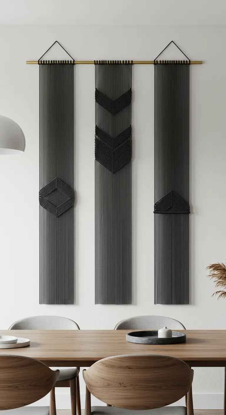 Tríptico de tapices de macramé negros, muy largos y finos, con diseños geométricos minimalistas.