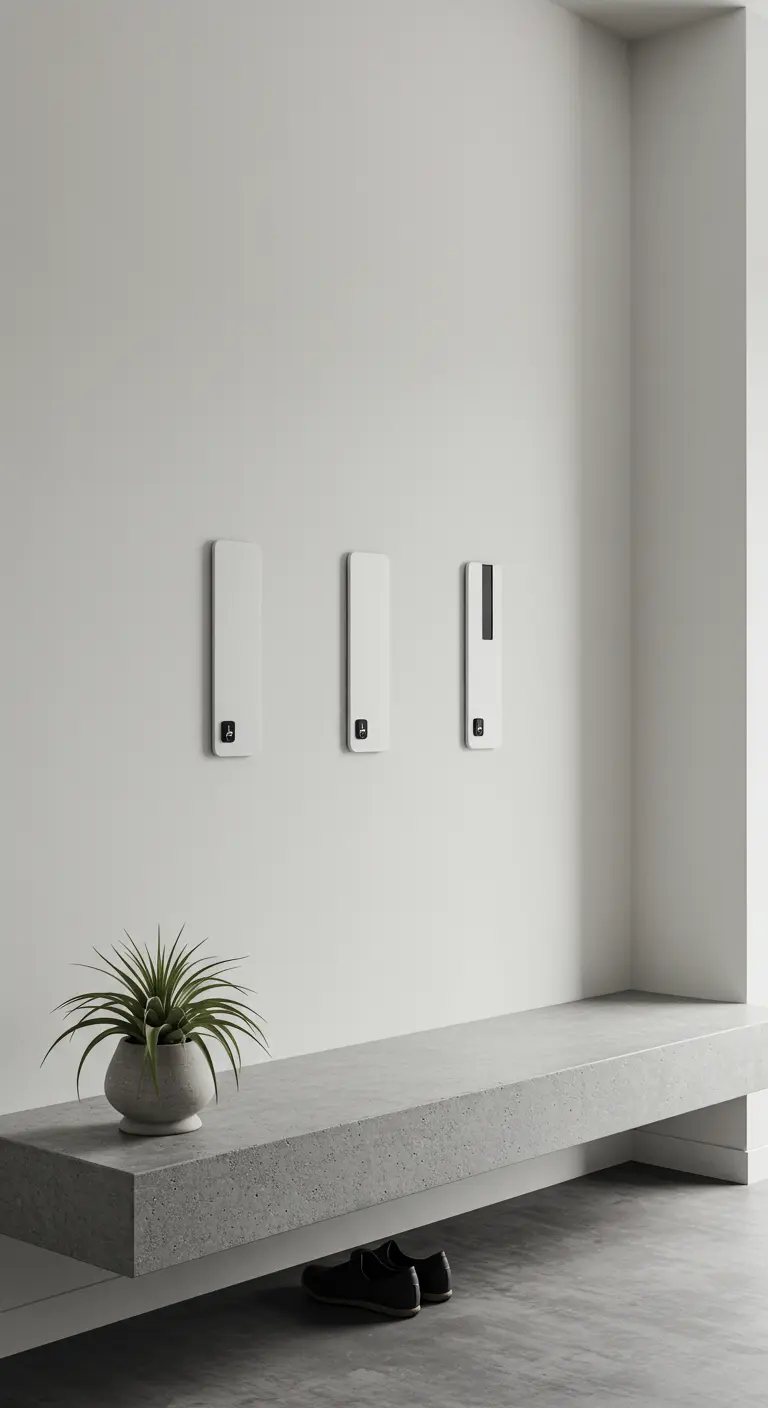 Entrada ultra minimalista con un banco flotante de cemento y percheros de diseño en pared blanca.