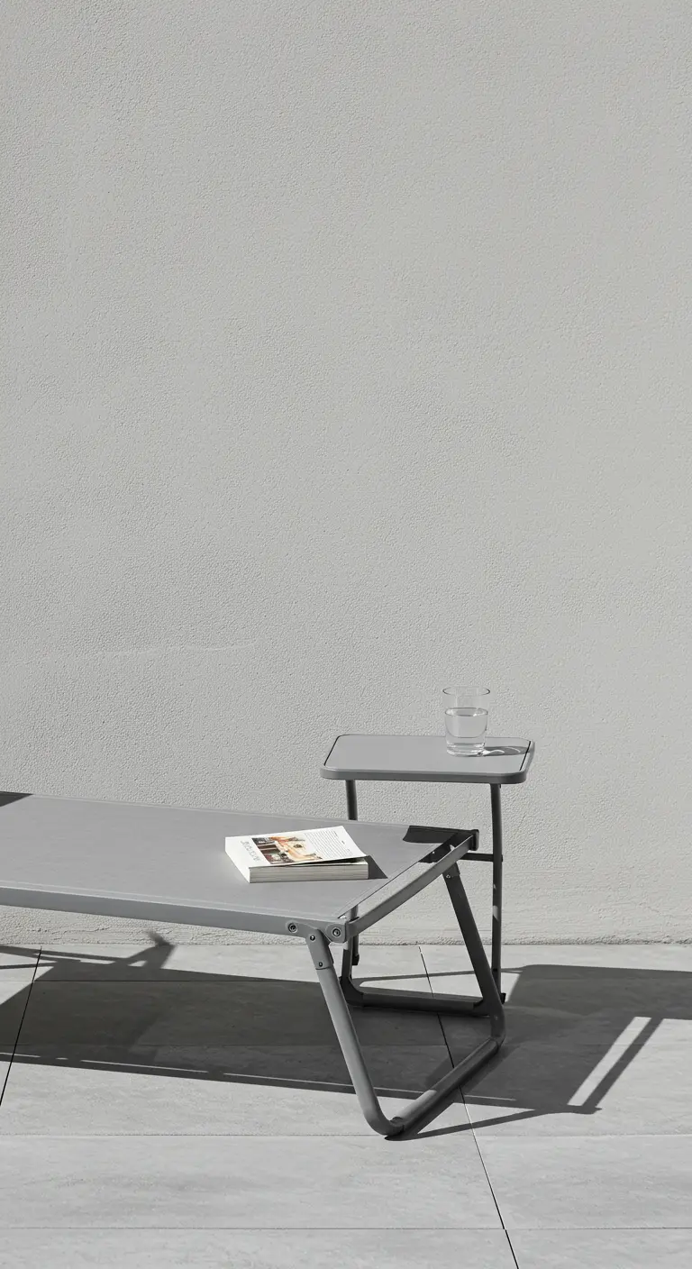 Tumbona plegable minimalista de color gris con una pequeña mesa auxiliar abatible integrada.