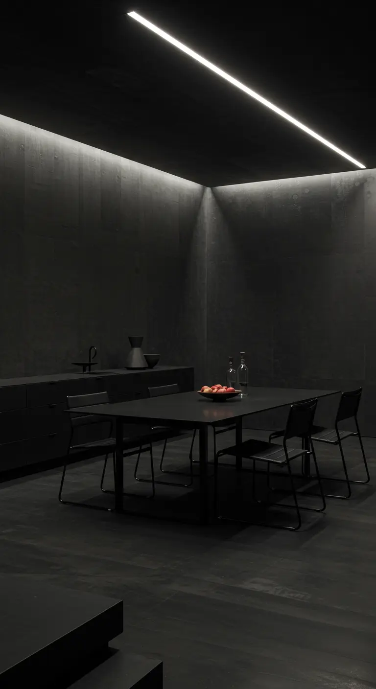 Comedor completamente negro y minimalista con una tira de luz LED en el techo.