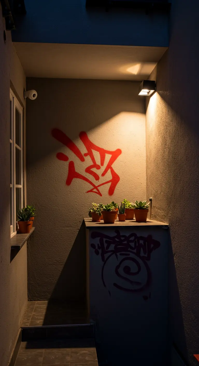 Rincón minimalista con un pequeño grafiti rojo en una pared gris, iluminado por un foco
