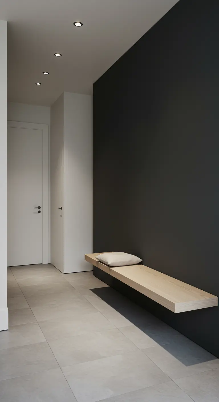 Pasillo minimalista con pared negra de acento y un banco flotante de madera clara.