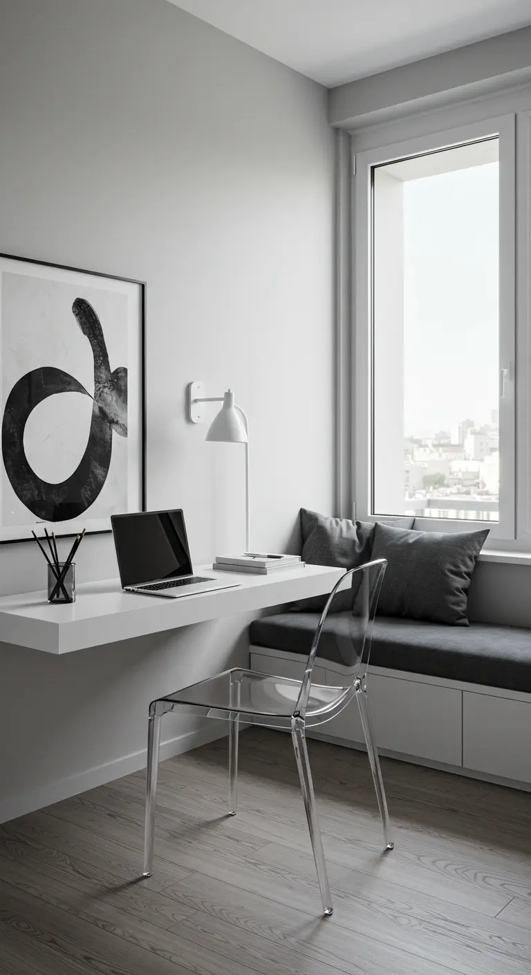 Oficina minimalista con escritorio flotante blanco, silla acrílica transparente y banco junto a la ventana.