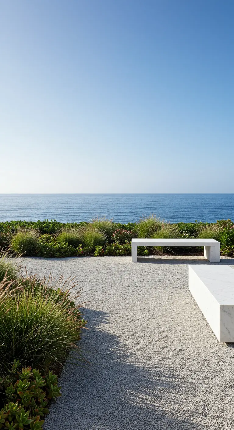 Jardín costero minimalista con gravilla, hierbas ornamentales y un banco de mármol blanco.