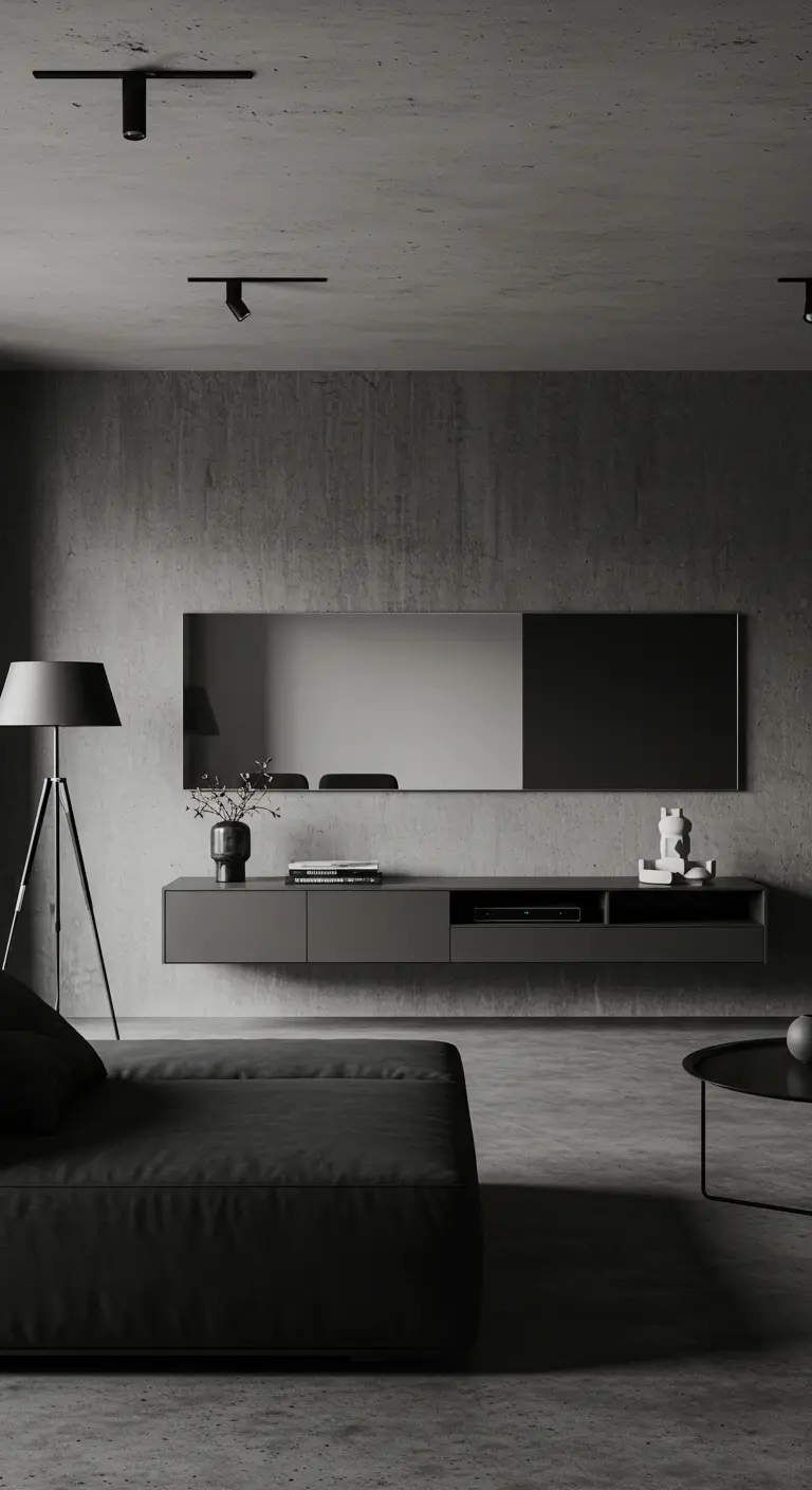 Espejo horizontal sin marco sobre una consola en un salón minimalista de tonos grises