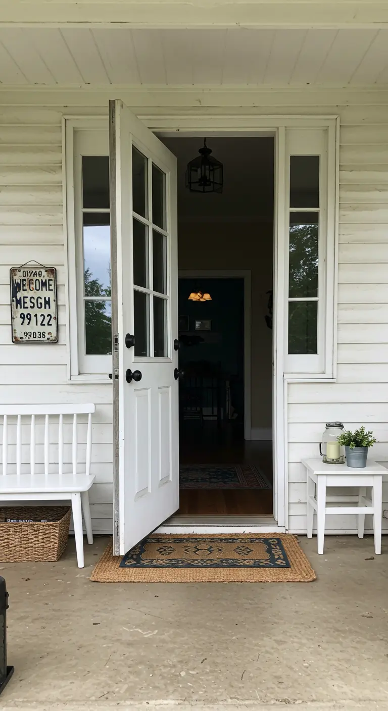 Entrada sencilla con puerta abierta, banco blanco, mesita y un letrero estilo matrícula.
