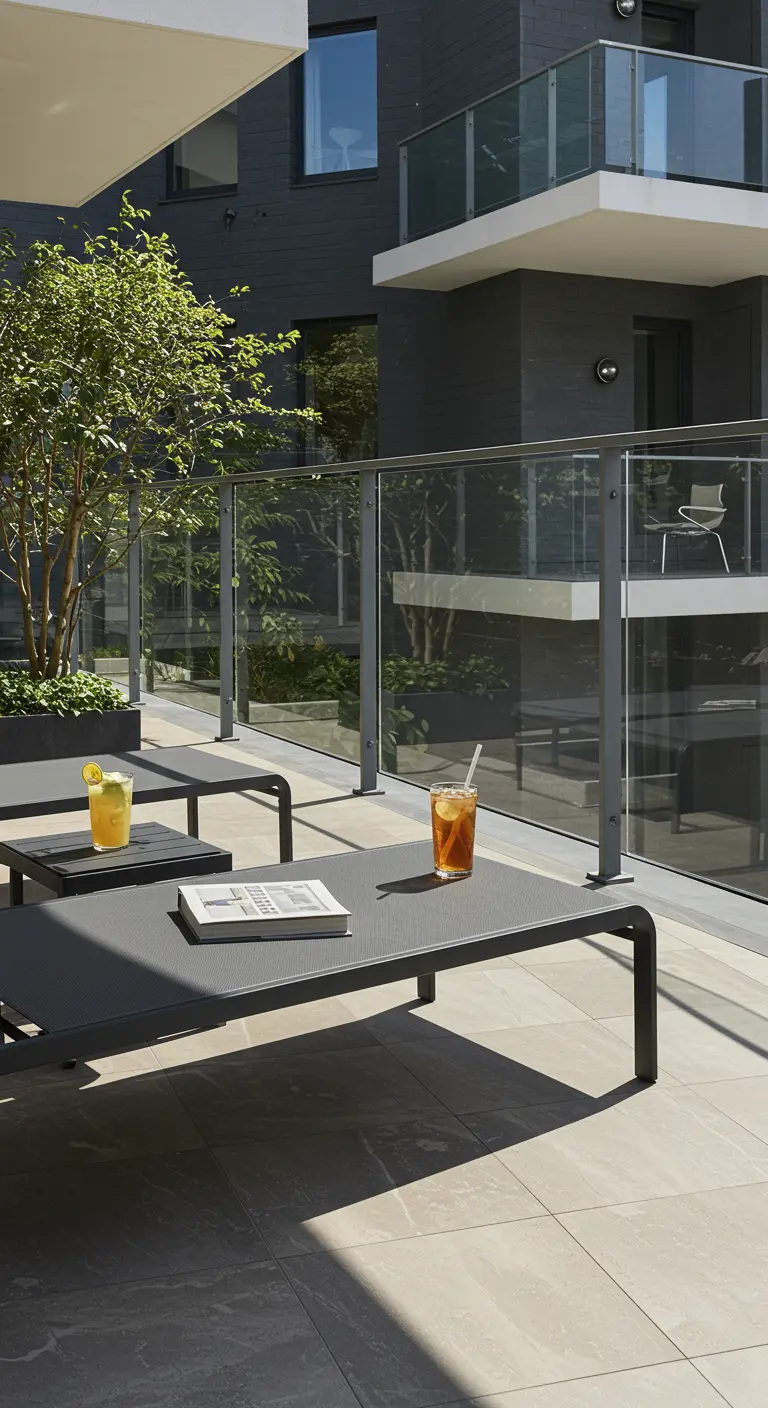 Dos tumbonas minimalistas negras en una terraza soleada con bebidas refrescantes
