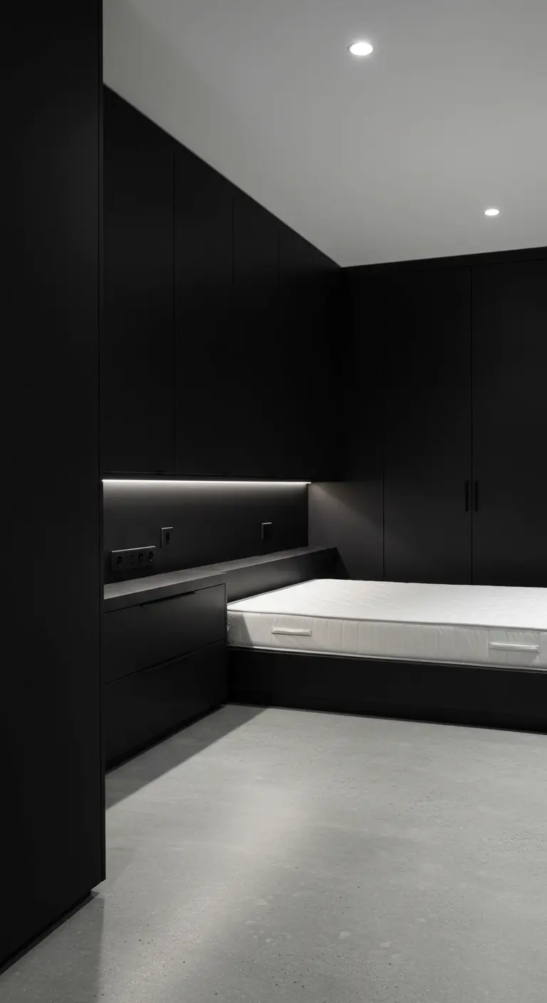 Dormitorio minimalista con armarios empotrados negros y cama con luz LED integrada.