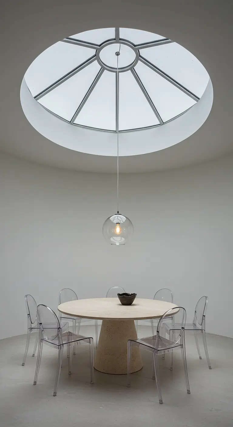 Comedor minimalista bajo un tragaluz circular con sillas transparentes y lámpara de globo.