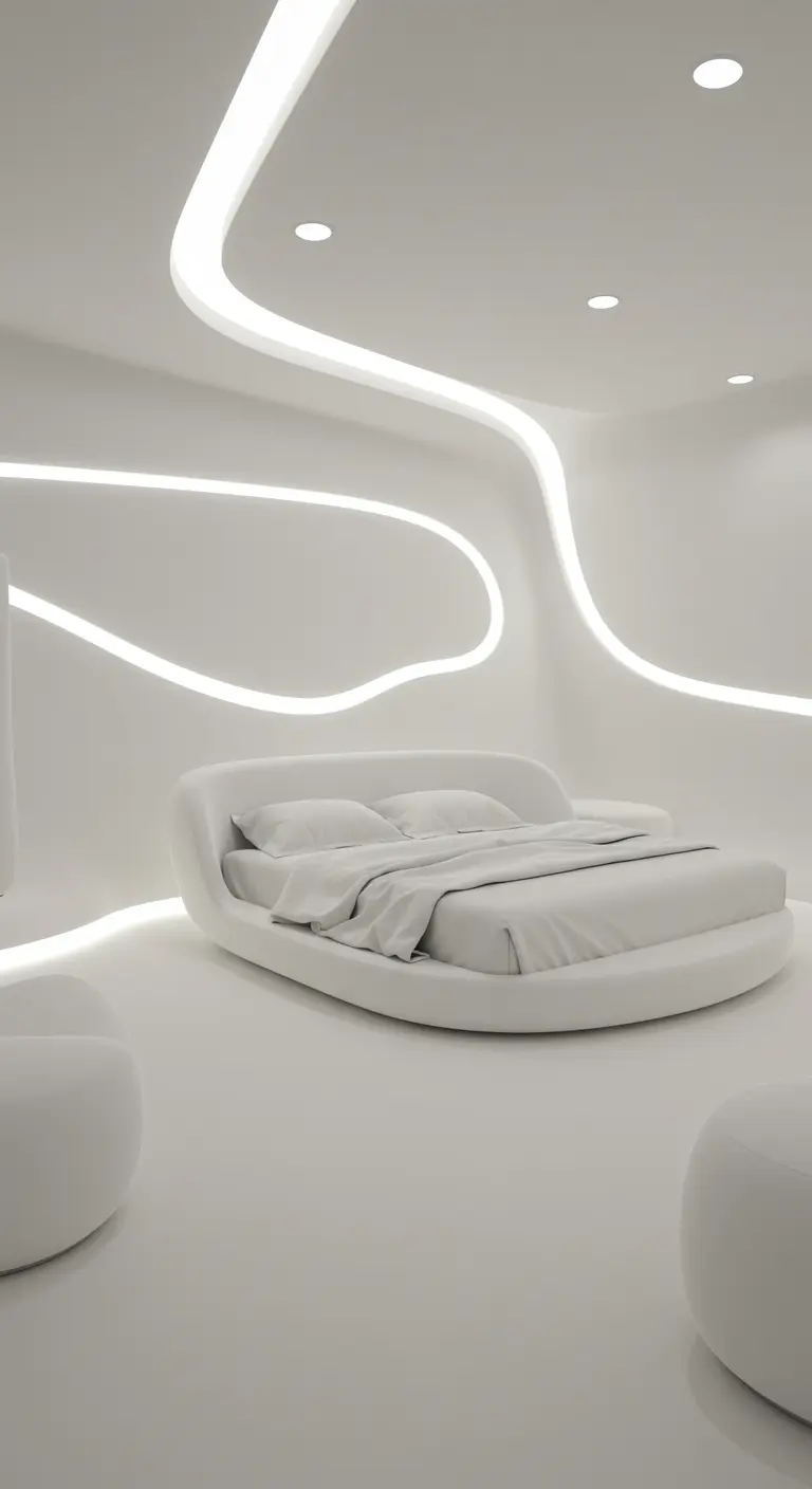 Dormitorio futurista totalmente blanco con iluminación LED integrada en las paredes y el techo.
