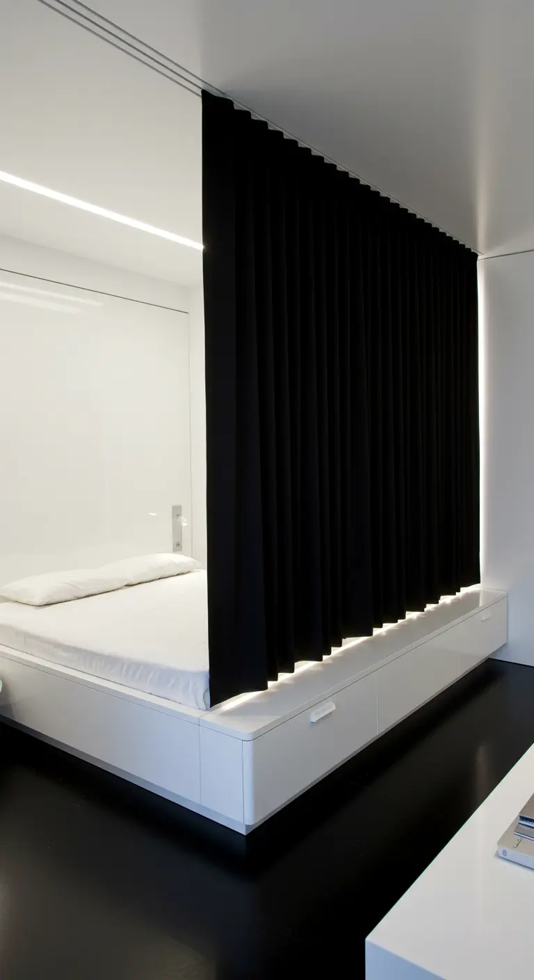 Cortina negra en un dormitorio minimalista blanco y negro con iluminación LED integrada.