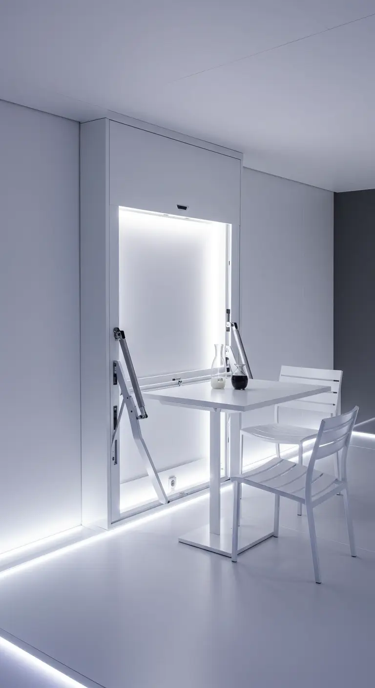 Mesa plegable blanca de diseño futurista integrada en una pared con iluminación LED.