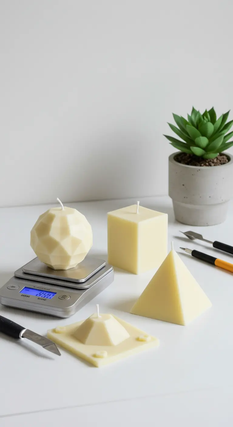 Velas caseras con formas geométricas como cubos, pirámides y esferas sobre una superficie blanca