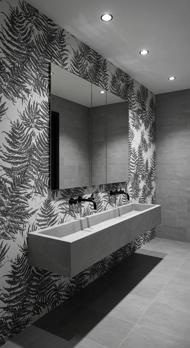 Baño minimalista con papel tapiz de helechos en blanco y negro y lavabo doble de cemento.