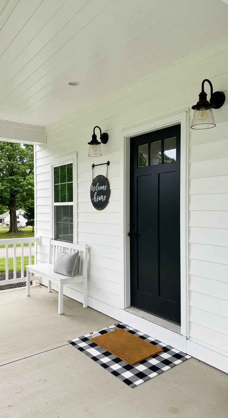 Entrada de casa blanca y negra con banco, felpudo de cuadros y letrero redondo de bienvenida.