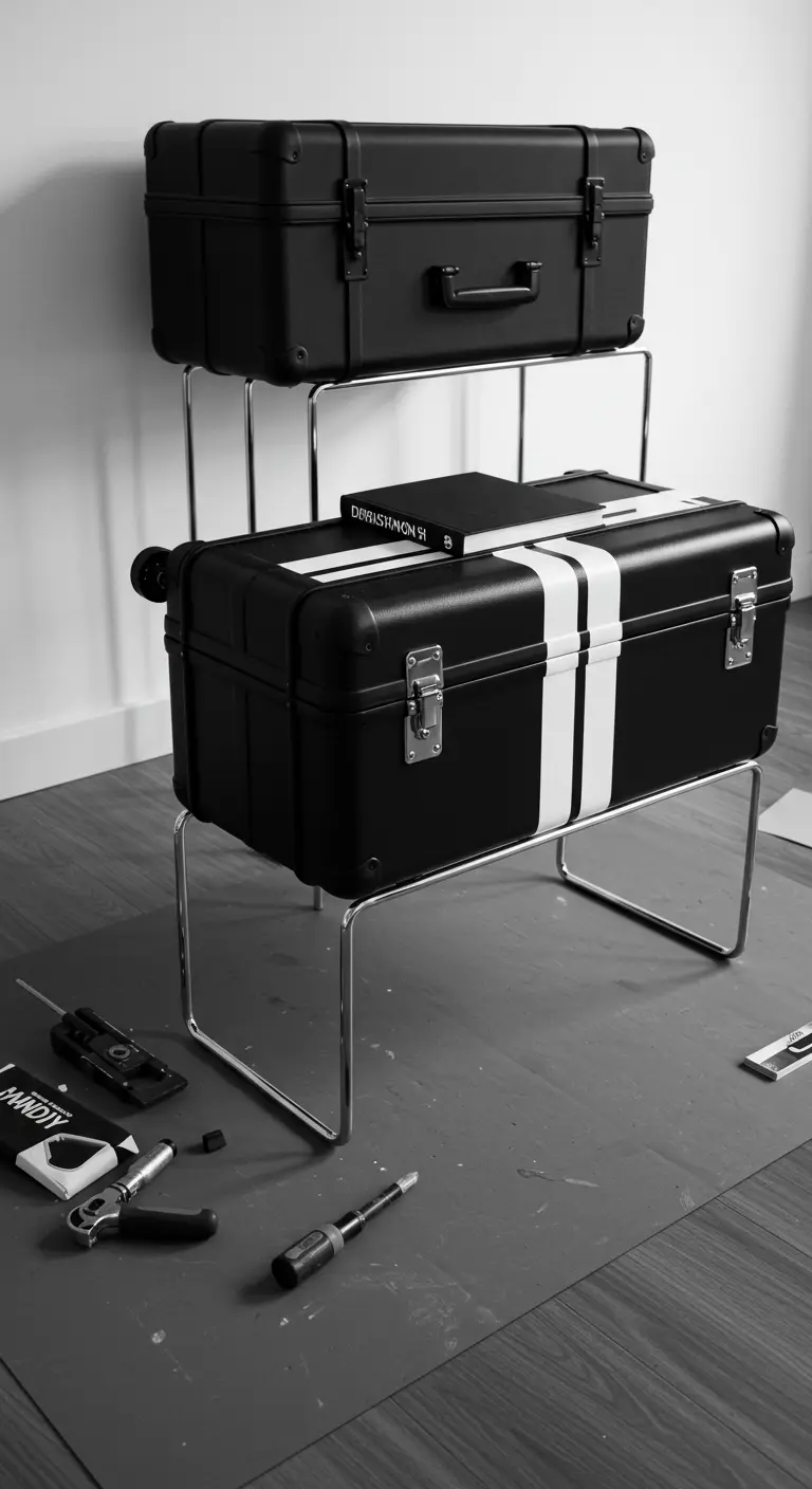 Dos maletas negras con rayas blancas sobre soportes cromados en un espacio minimalista.