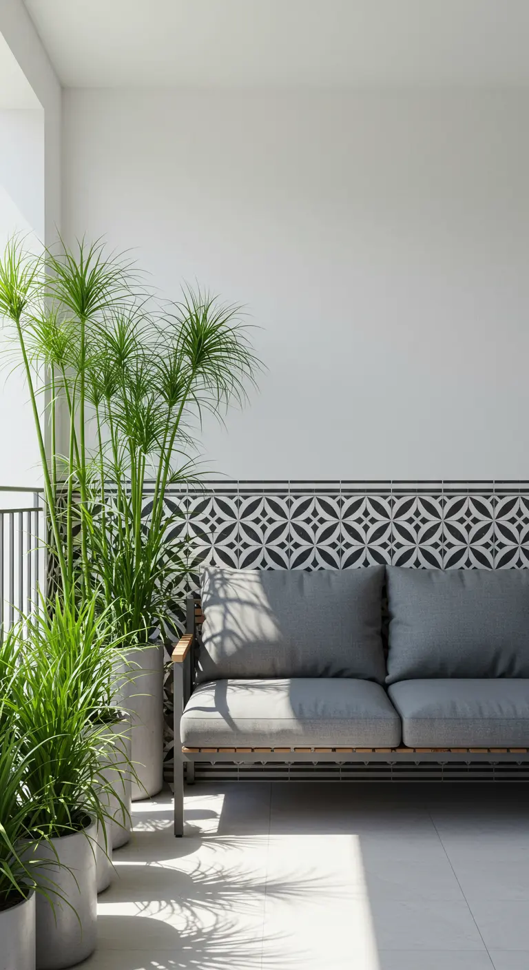 Balcón minimalista con zócalo de azulejos en blanco y negro, sofá gris y papiros en macetas altas.