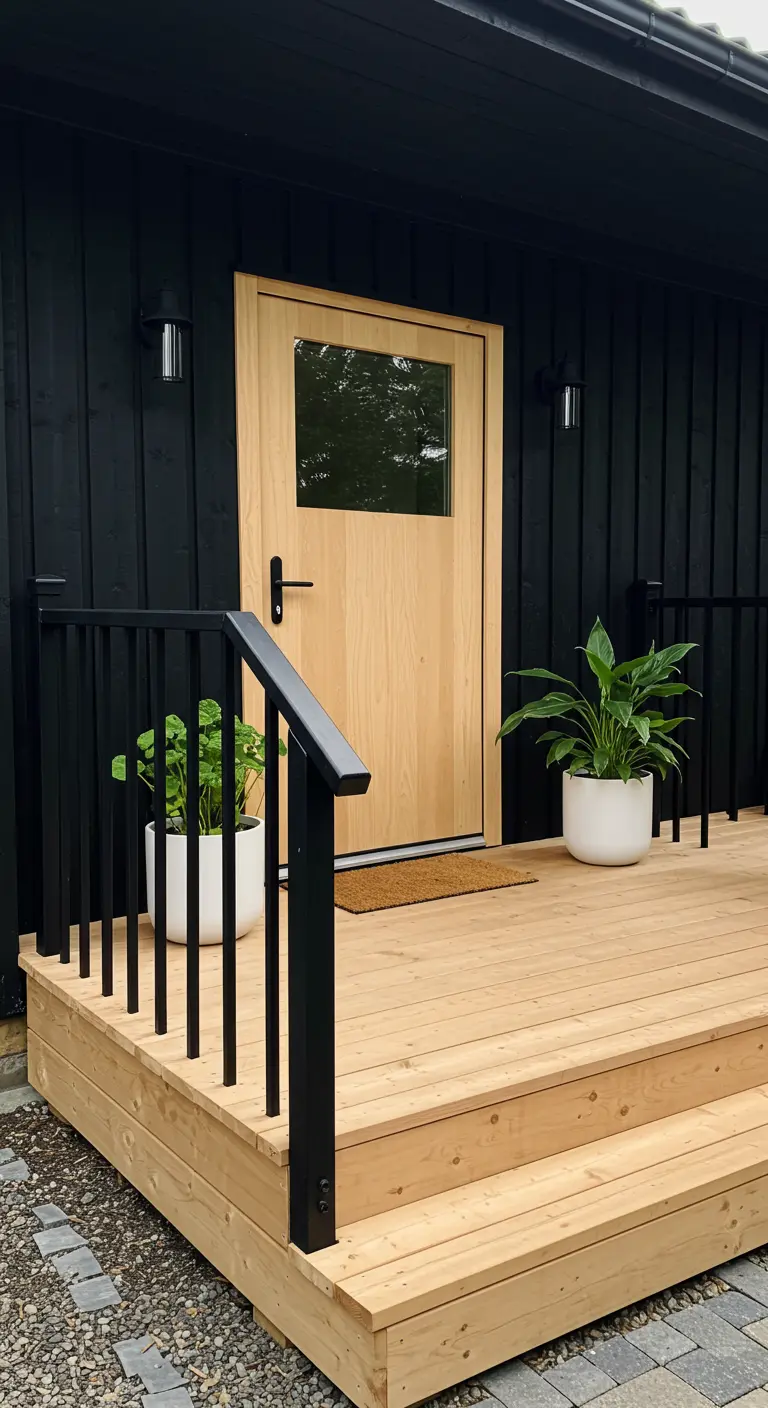 Porche moderno con fachada negra, suelo y puerta de madera clara, y barandillas negras.