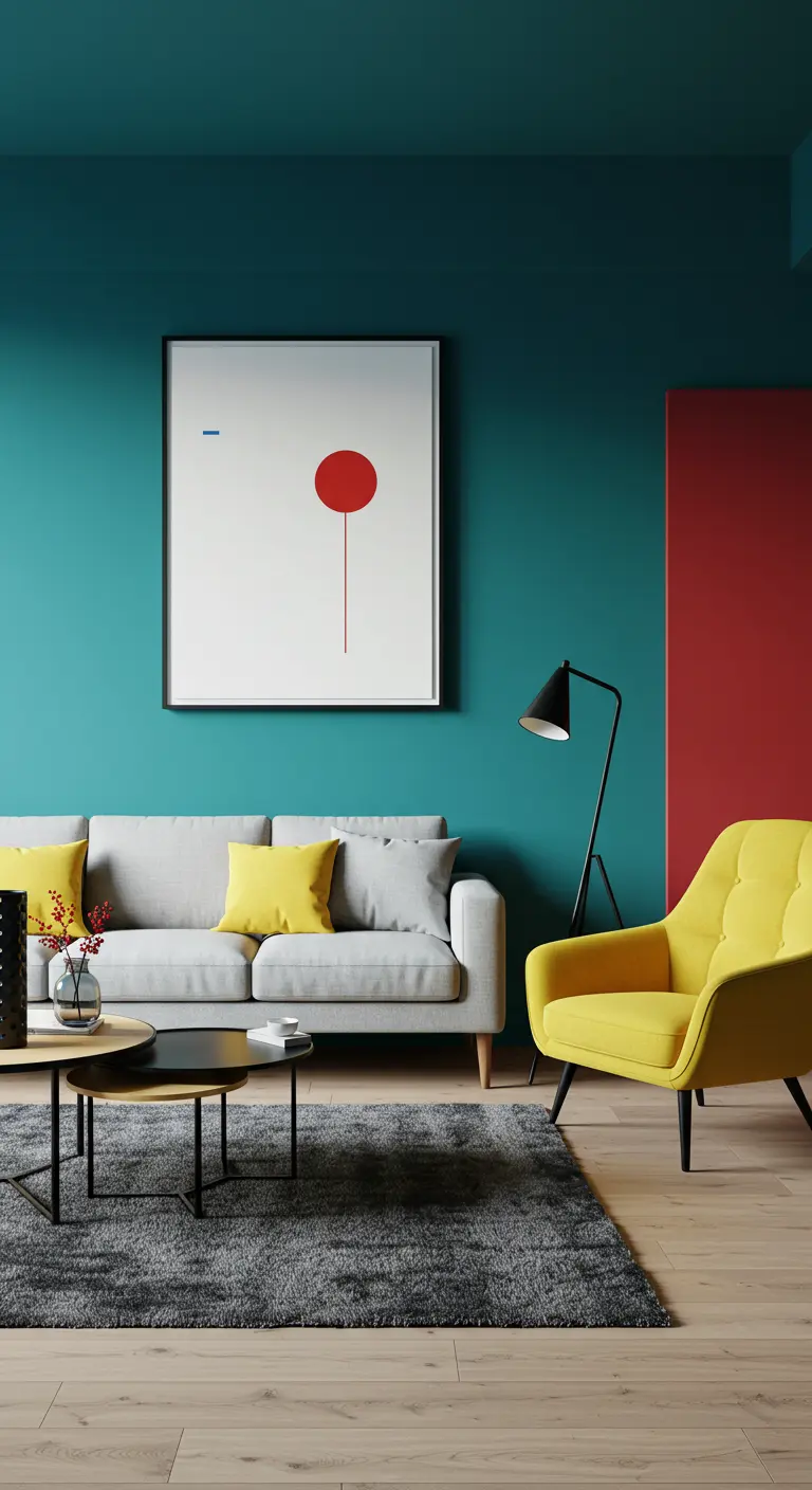 Sala minimalista con pared verde azulado, sofá gris y cuadro con un círculo rojo.