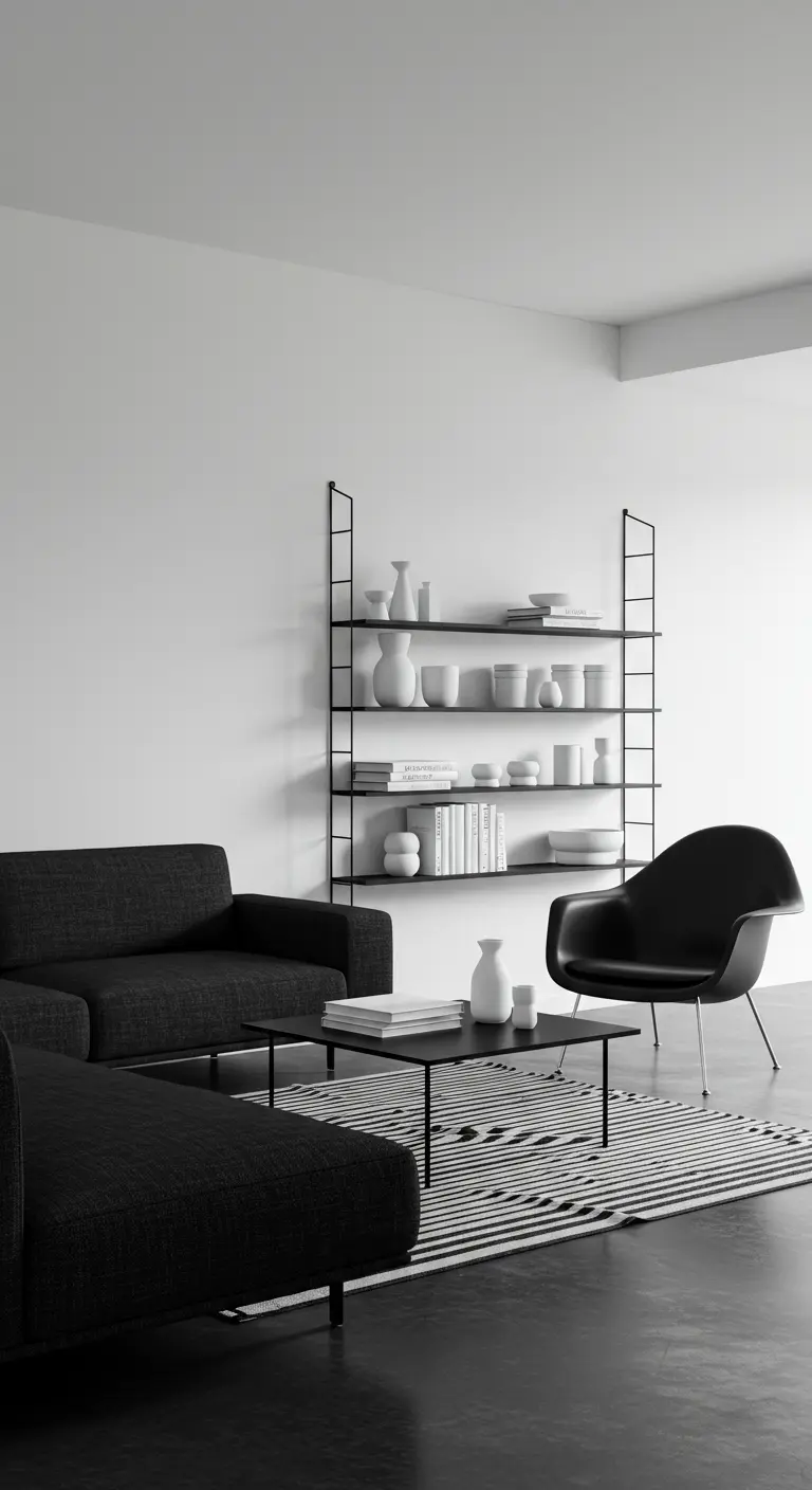 Sala minimalista con sofá negro, estantería de alambre y decoración en cerámica blanca.
