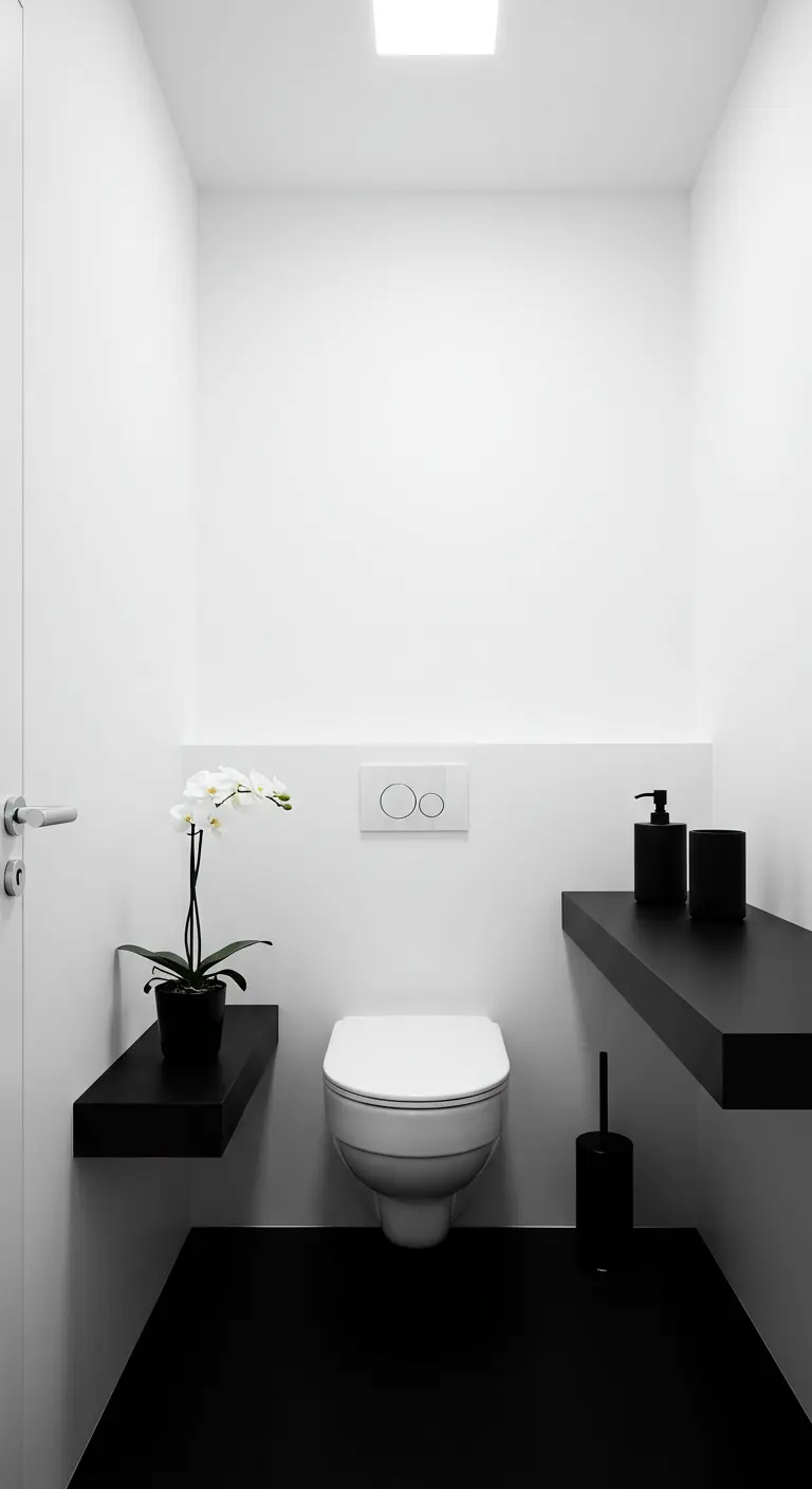 Baño minimalista en blanco y negro con baldas flotantes negras y una orquídea