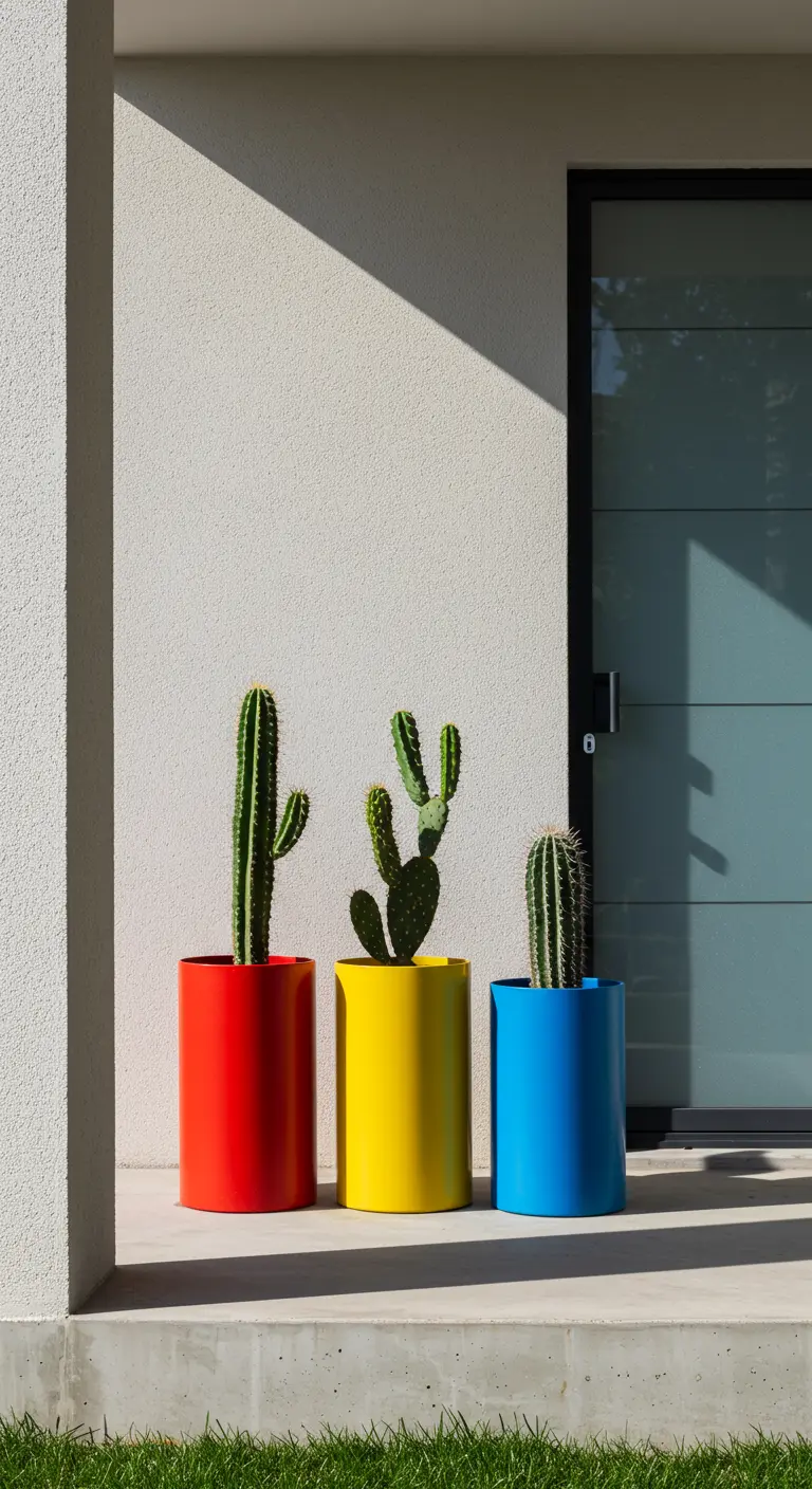 Tres macetas cilíndricas de color rojo, amarillo y azul con cactus, sobre un suelo de hormigón.