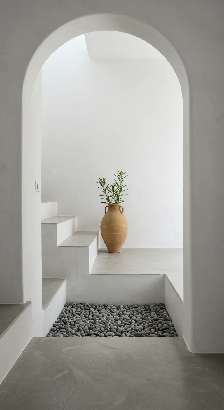 Rincón de entrada minimalista con escalones blancos, piedras grises y una vasija de terracota.