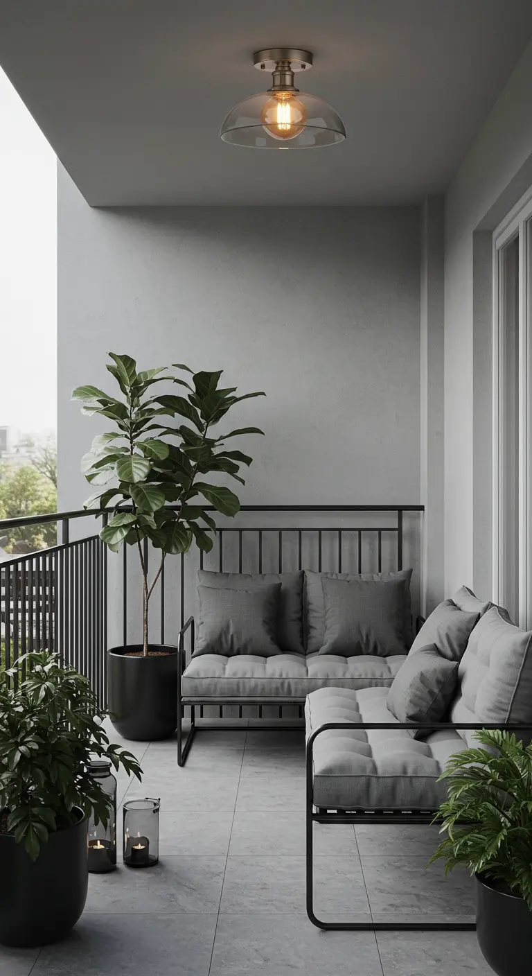 Balcón minimalista con sofá de metal y cojines grises, y grandes plantas verdes.