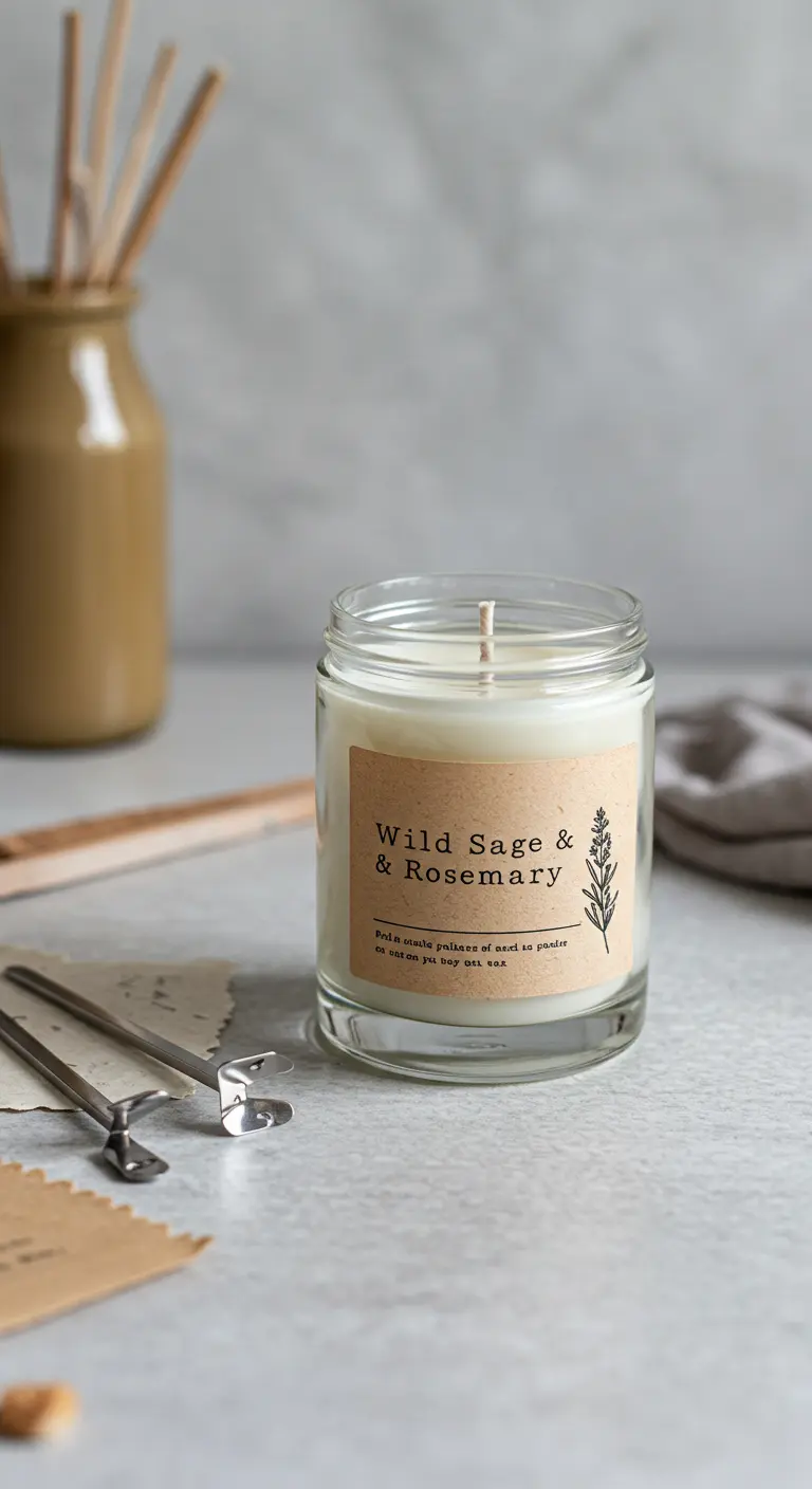 Vela blanca de salvia y romero en un frasco de vidrio simple con una etiqueta minimalista de papel kraft.