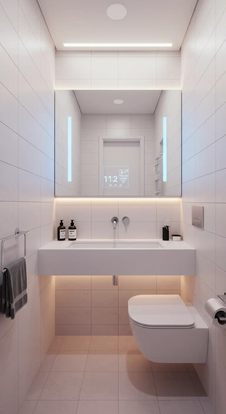 Baño ultracontemporáneo con lavabo flotante blanco y espejo inteligente con luces integradas.