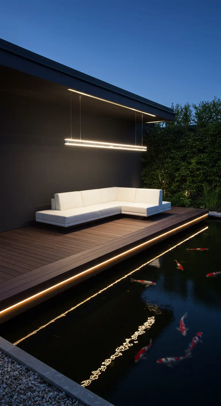 Terraza minimalista junto a un estanque con sofá blanco bajo, tarima de madera e iluminación LED