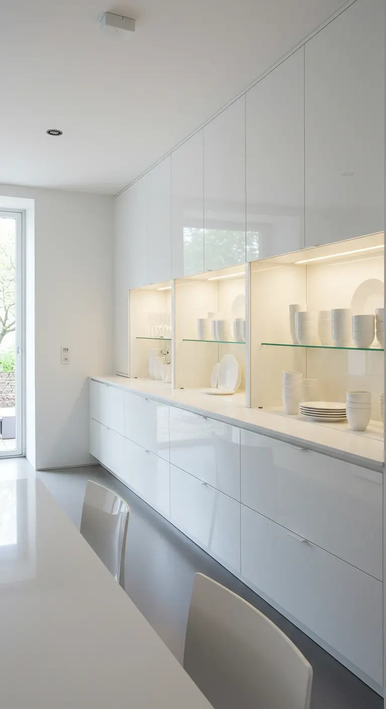 Cocina blanca minimalista con nichos abiertos iluminados que exhiben vajilla blanca de diseño.